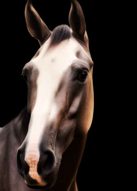 Brown horse with a broad white face and dark mane against black.