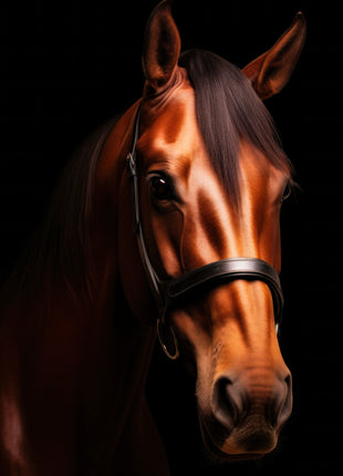 Copper-brown horse wearing a dark halter, with a black mane and black background.