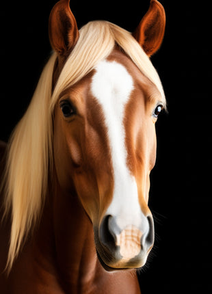 Golden-brown horse with a pale flowing mane and broad white blaze against black.