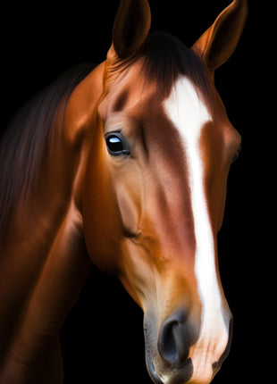 Chestnut-colored horse with a long white facial blaze against black.
