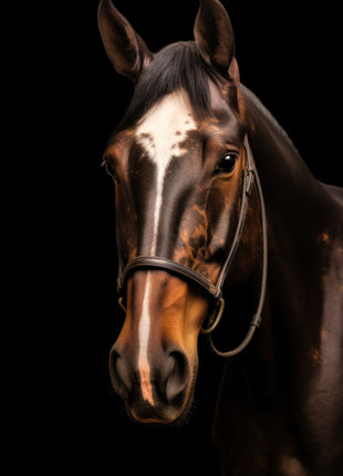 Brown horse wearing a black halter, with mottled white facial markings against black.