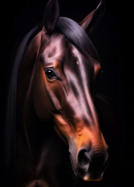 Dark brown horse with violet highlights and a copper-toned muzzle against black.