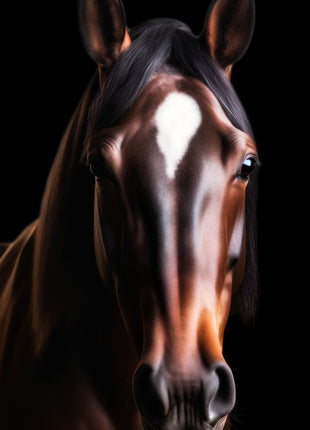 Dark brown horse with a white diamond-shaped forehead marking against a black background.