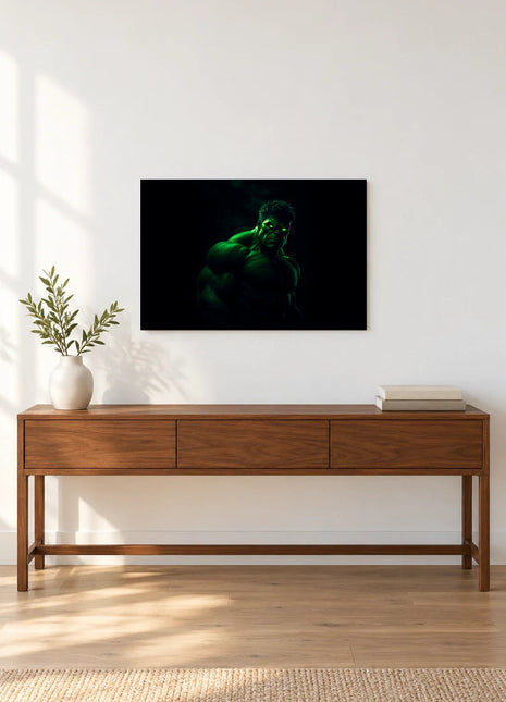 Hulk Emerald After Dark acrylic wall art displayed above a wooden console with a leafy vase and stacked books against a white wall.