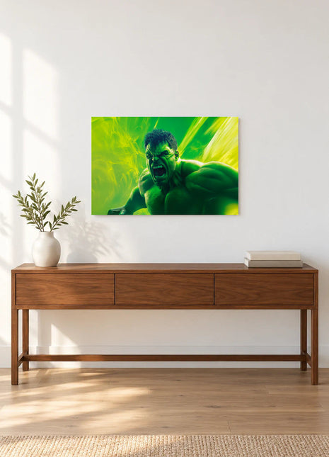 Hulk Gamma Sunburst acrylic wall art displayed above a wooden console with a leafy vase and stacked books against a white wall.