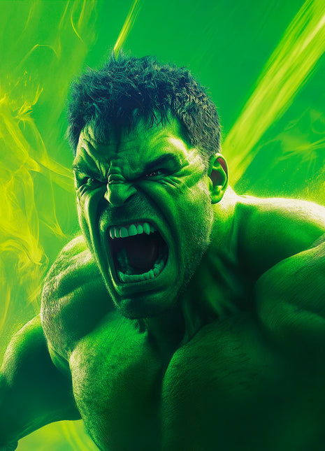 Hulk Gamma Sunburst original artwork: shows Hulk roaring across a lime-green field of light.