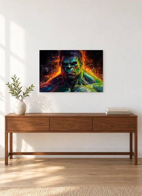 Hulk Rage in Color acrylic wall art displayed above a wooden console with a leafy vase and stacked books against a white wall.