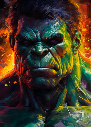 Hulk Rage in Color original artwork with a lowered brow, green shoulders and orange-teal painted accents.