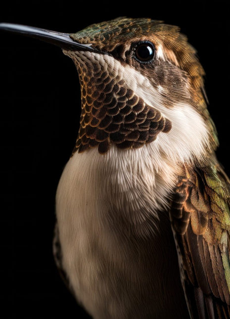 Left-facing hummingbird with slender bill, white throat and bronze-green plumage against black.