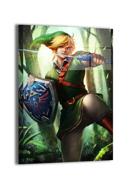 Hylian Resolve Metal Print — fantasy swordsman with crest shield amid woodland glow, artwork by Nopeys; modern sheen, ready to hang.