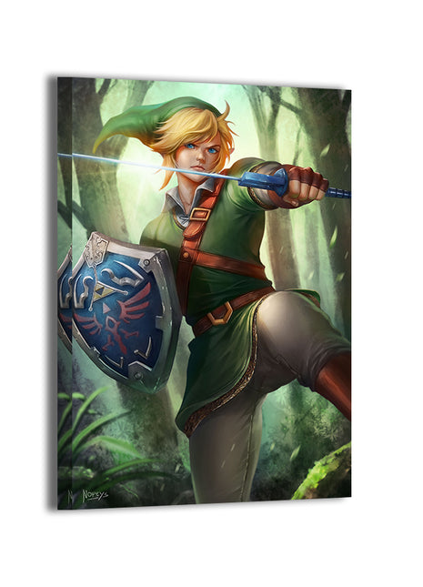 Hylian Resolve Canvas Print — dynamic action pose with raised shield and bright blade, artwork by Nopeys; gallery-wrapped, ready to hang.