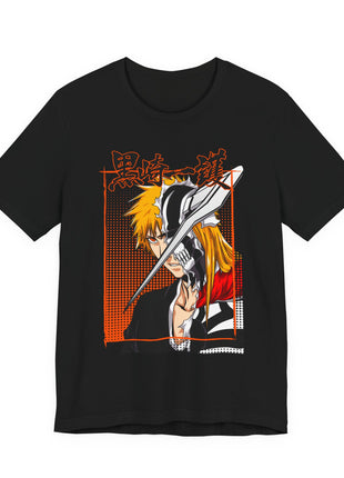 Front of the black Ichigo Split Mask Orange Panel Graphic T-Shirt. Artwork: Ichigo in a split face-and-mask portrait crossed by a diagonal blade over orange halftone dots.