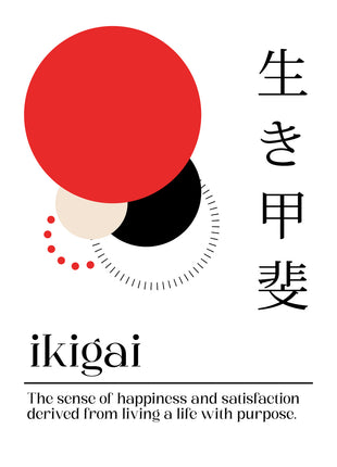 Red, black, and cream circles beside vertical Japanese Ikigai lettering, with a short definition on white.