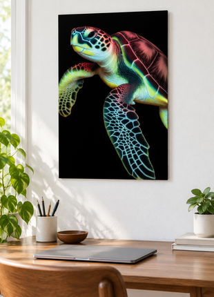 Illustrative acrylic wall display mockup of the neon sea turtle artwork.