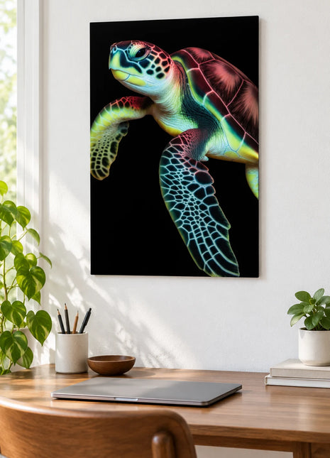 Illustrative acrylic wall display mockup of the neon sea turtle artwork.