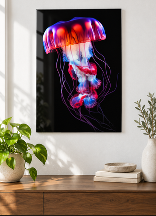 Illustrative acrylic wall display mockup of the neon jellyfish artwork.