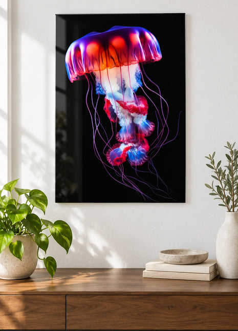 Illustrative acrylic wall display mockup of the neon jellyfish artwork.