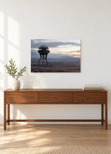 Imperial Probe Droid Twilight Patrol acrylic wall art displayed above a wooden console with a leafy vase and stacked books against a white wall.