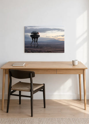 Imperial Probe Droid Twilight Patrol acrylic wall art displayed above a wooden desk with a notebook, pencil and white mug against a white wall.