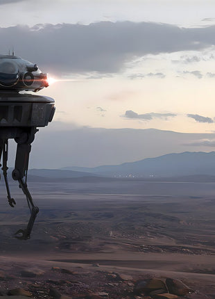 Imperial Probe Droid Twilight Patrol original artwork: places an Imperial probe droid above a wide desert plain beneath a muted evening sky.