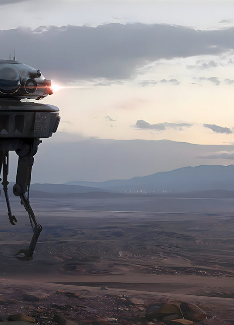 Imperial Probe Droid Twilight Patrol original artwork: places an Imperial probe droid above a wide desert plain beneath a muted evening sky.