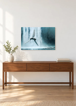 Imperial Shuttle Falls Approach acrylic wall art displayed above a wooden console with a leafy vase and stacked books against a white wall.