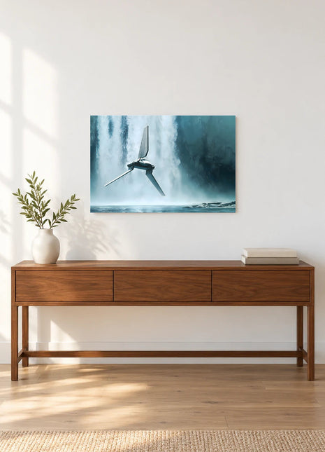 Imperial Shuttle Falls Approach acrylic wall art displayed above a wooden console with a leafy vase and stacked books against a white wall.
