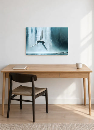 Imperial Shuttle Falls Approach acrylic wall art displayed above a wooden desk with a notebook, pencil and white mug against a white wall.