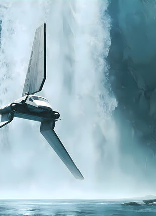Imperial Shuttle Falls Approach original artwork: shows a three-winged Imperial shuttle crossing in front of a towering waterfall.