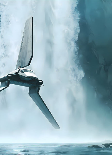 Imperial Shuttle Falls Approach original artwork: shows a three-winged Imperial shuttle crossing in front of a towering waterfall.
