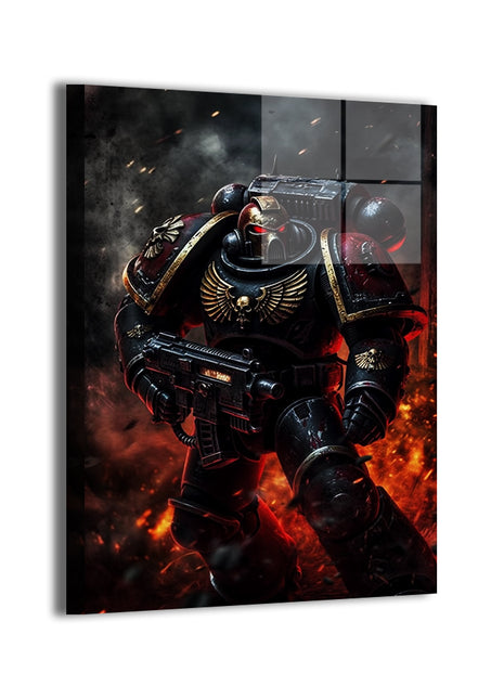 Warhammer-style Space Marine in combat; modern metallic sheen.