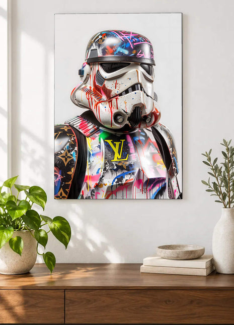Stormtrooper armor covered in colorful graffiti and LV monogram motifs displayed above a console table in a room setting