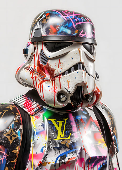 Stormtrooper armor covered in colorful graffiti and LV monogram motifs