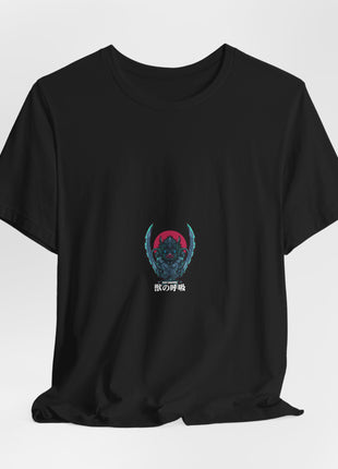Draped front view of the black Inosuke Beast Breathing Small Emblem Graphic T-Shirt.