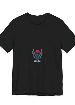 Front of a black T-shirt featuring An ornate Inosuke boar-head emblem with curved blades, teal details and a red circle.