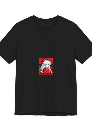 Front of a black T-shirt featuring Inuyasha with long white hair and red clothing in a small red-framed portrait.