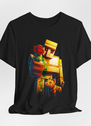 Draped front view of the black Iron Golem Red Flower Graphic T-Shirt.