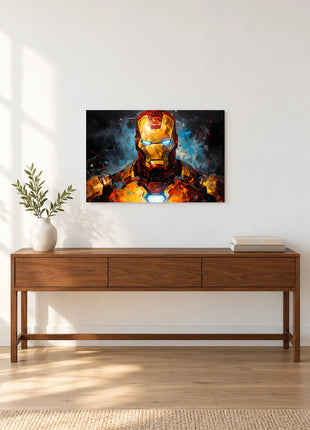 Iron Man Molten Resolve acrylic wall art displayed above a wooden console with a leafy vase and stacked books against a white wall.