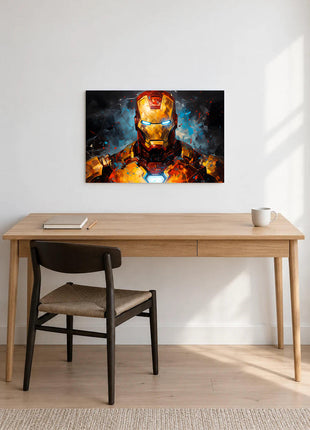 Iron Man Molten Resolve acrylic wall art displayed above a wooden desk with a notebook, pencil and white mug against a white wall.