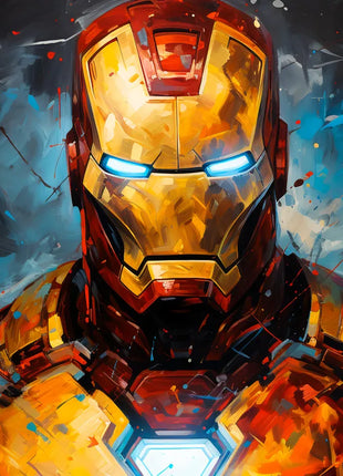 Iron Man Molten Resolve original artwork with a gold faceplate, blue eyes and red armor amid loose paint.