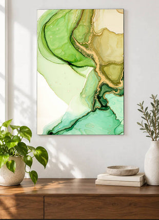 Winding jade-green channel through lime and mint abstract layers with gold contours displayed above a console table in a room setting