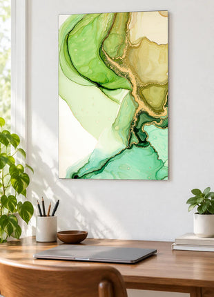 Winding jade-green channel through lime and mint abstract layers with gold contours displayed above a desk in a room setting