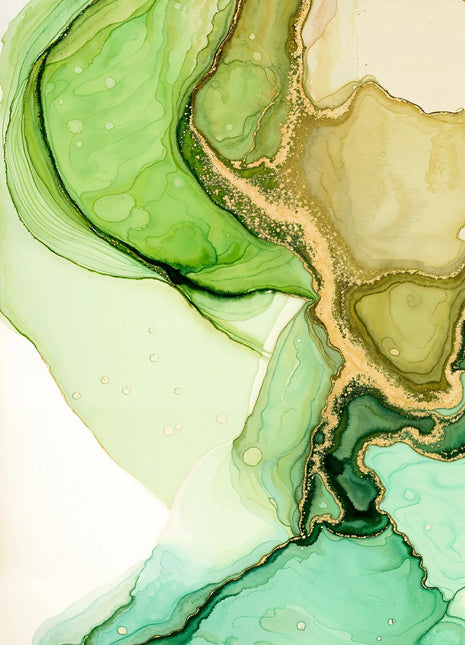 Winding jade-green channel through lime and mint abstract layers with gold contours