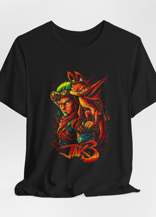 Draped front view of the black Jak and Daxter Jak 3 Duo Graphic T-Shirt.