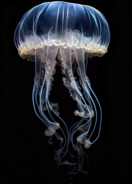 Pale blue jellyfish with a translucent bell and long delicate tentacles against black.