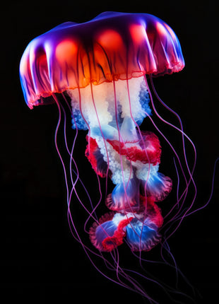 Neon jellyfish with a red-orange bell, blue-violet edges and white and pink trailing ruffles against black.