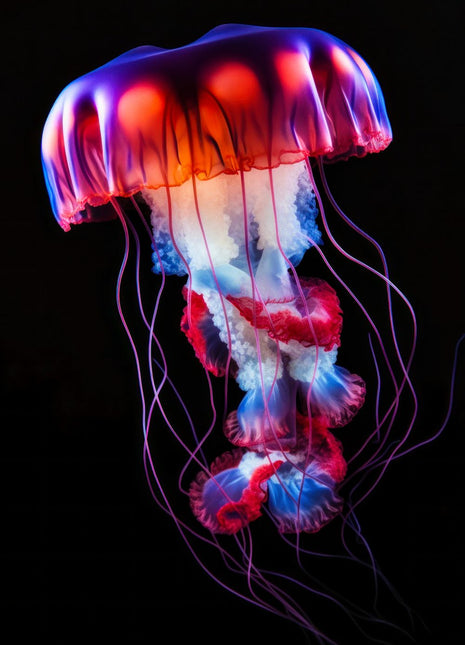 Neon jellyfish with a red-orange bell, blue-violet edges and white and pink trailing ruffles against black.