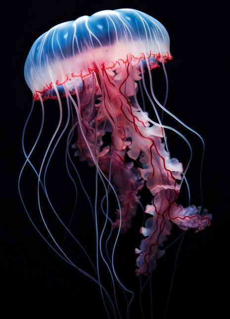Jellyfish with an ice-blue bell, rose-pink ruffles and long pale tentacles against black.
