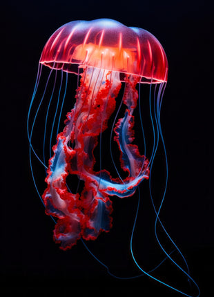 Glowing red-orange jellyfish with ruffled crimson forms and long blue tentacles against black.