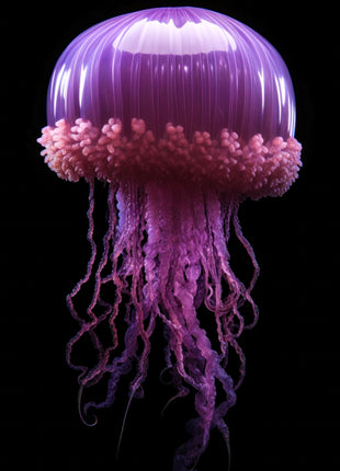 Purple jellyfish with a luminous bell, pink ruffled collar and cascading violet strands against black.